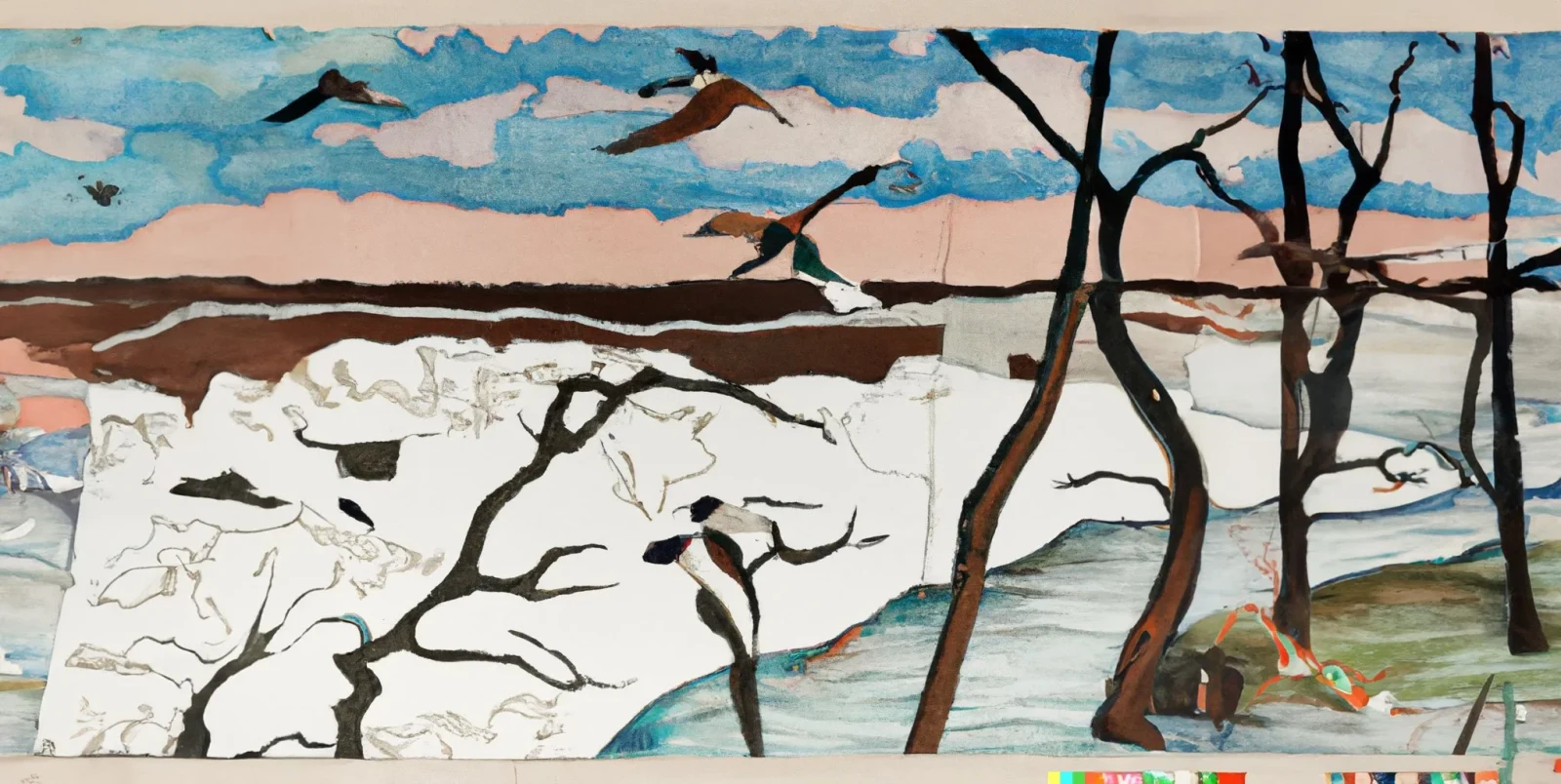 Rinpa-style storm landscape with birds, bare trees and snow