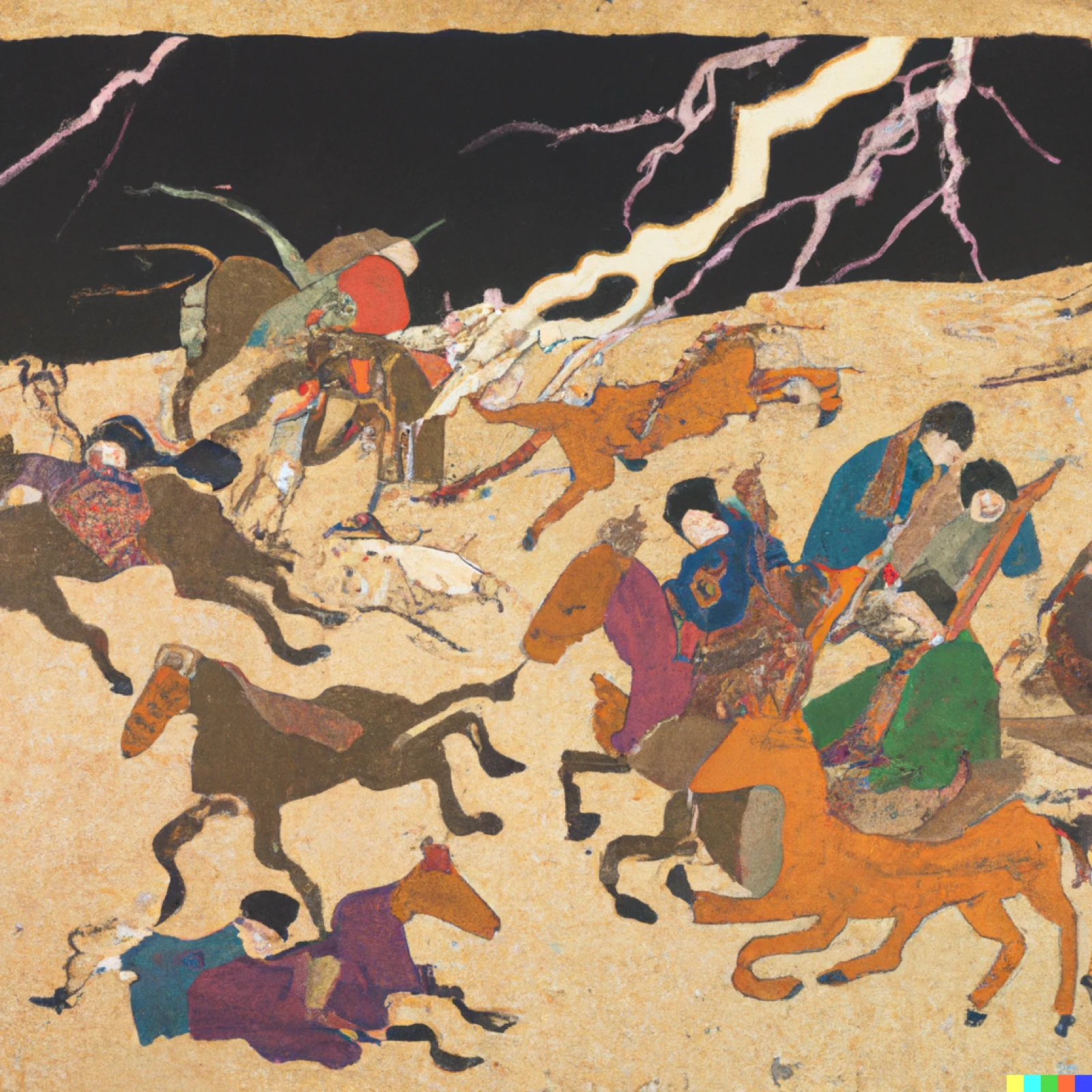 Illuminated-manuscript riders fleeing under lightning on a black sky