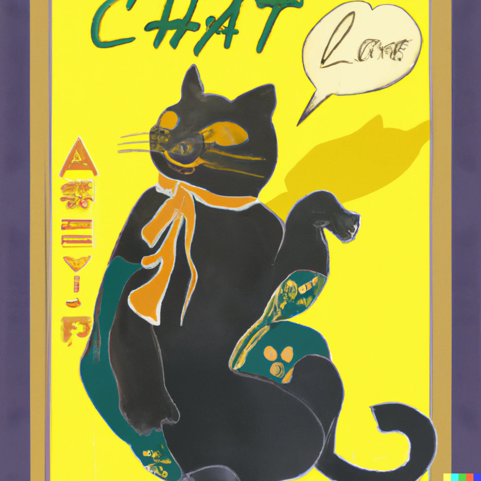 Le Chat — black Maneki-neko cat poster on yellow, Art Nouveau style