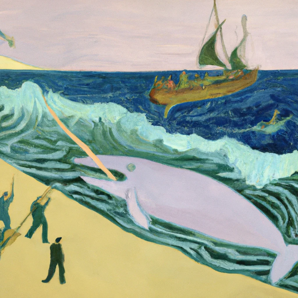 Painting of a beached narwhal beside a cresting wave, sailboat beyond