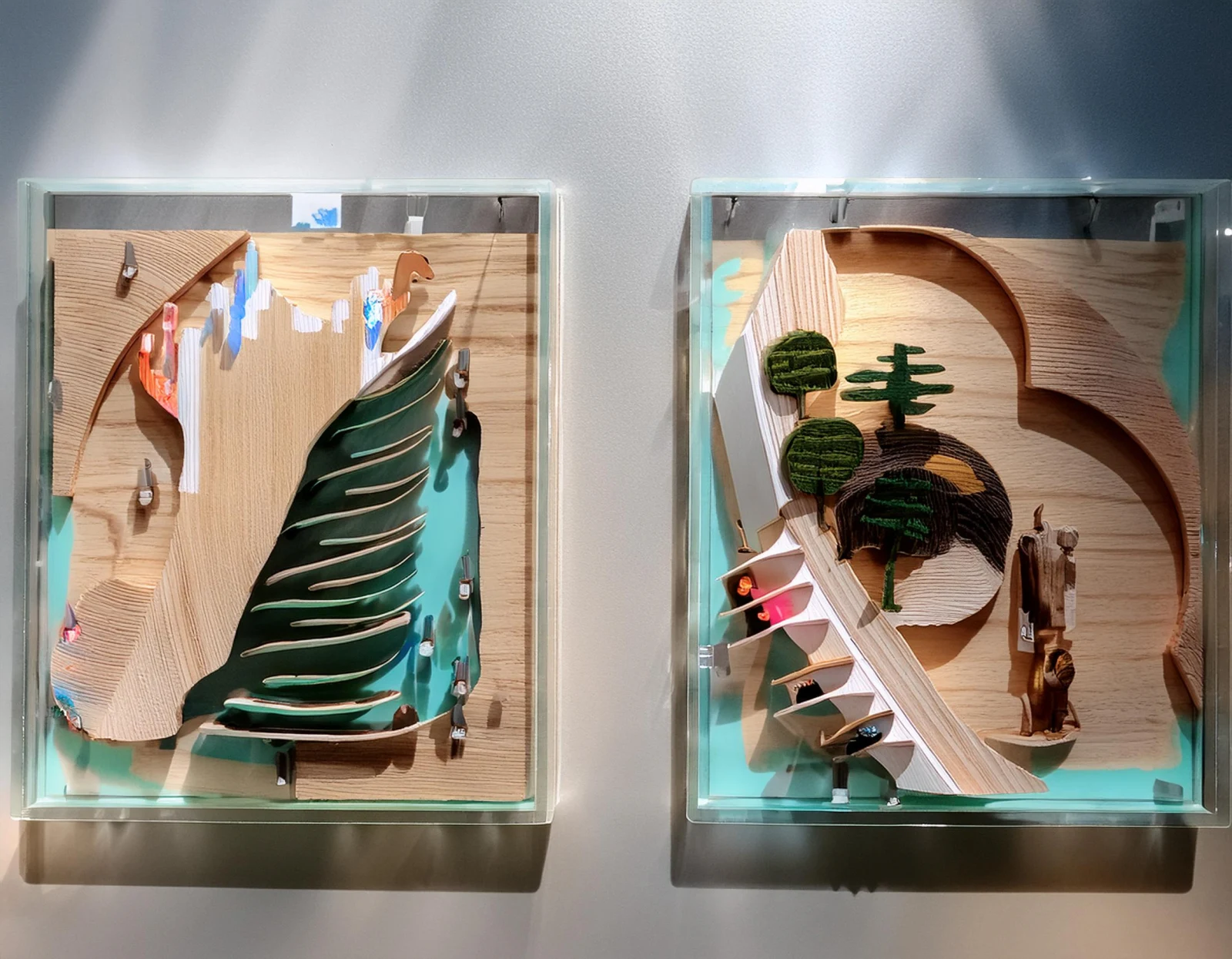 Diptych of framed lucite, wood veneer and resin relief landscapes on a gallery wall