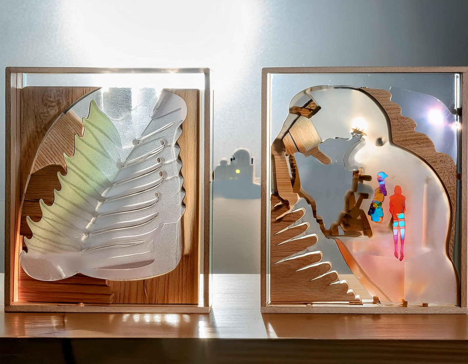 Two backlit vitrines of carved wood and etched glass leaf forms