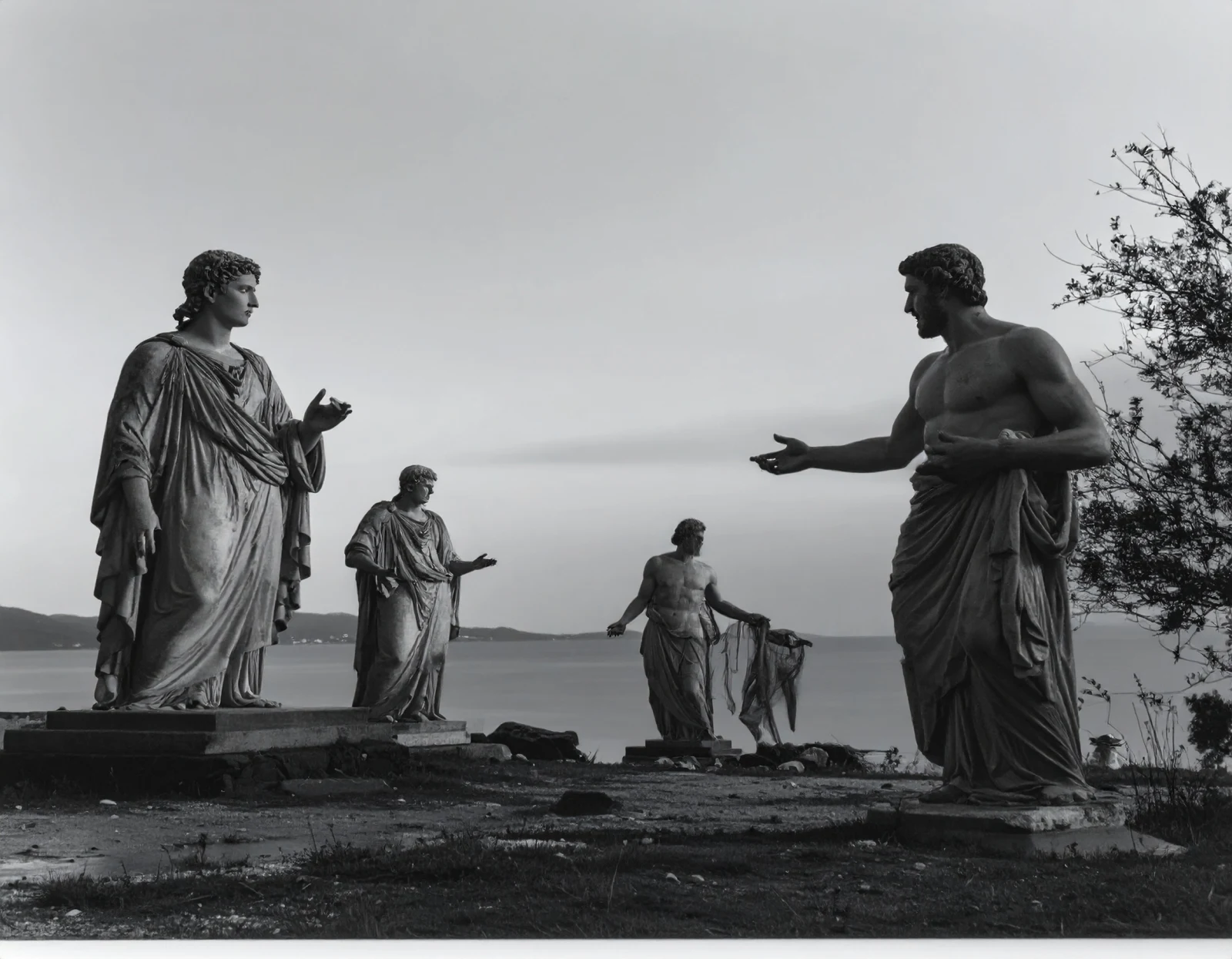 Black-and-white photograph of classical statues gesturing to one another by the sea